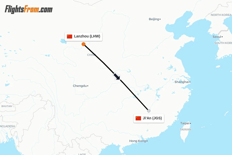 Flights from Lanzhou to Ji'An route map