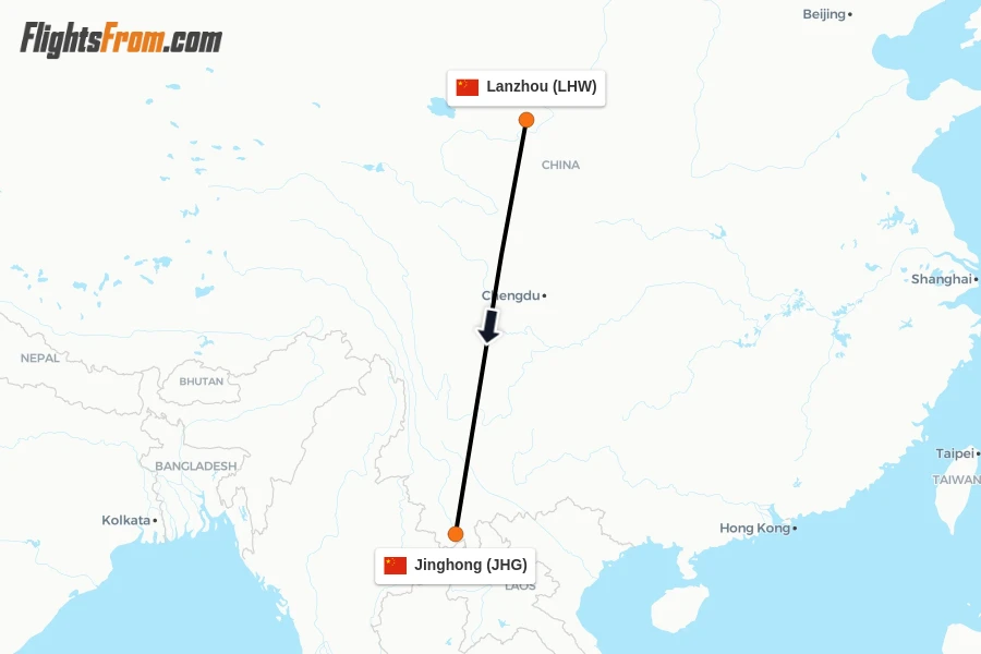 Flights from Lanzhou to Jinghong route map