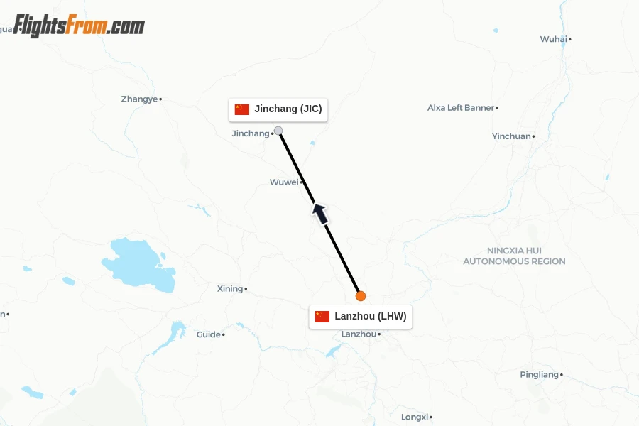 Flights from Lanzhou to Jinchang route map