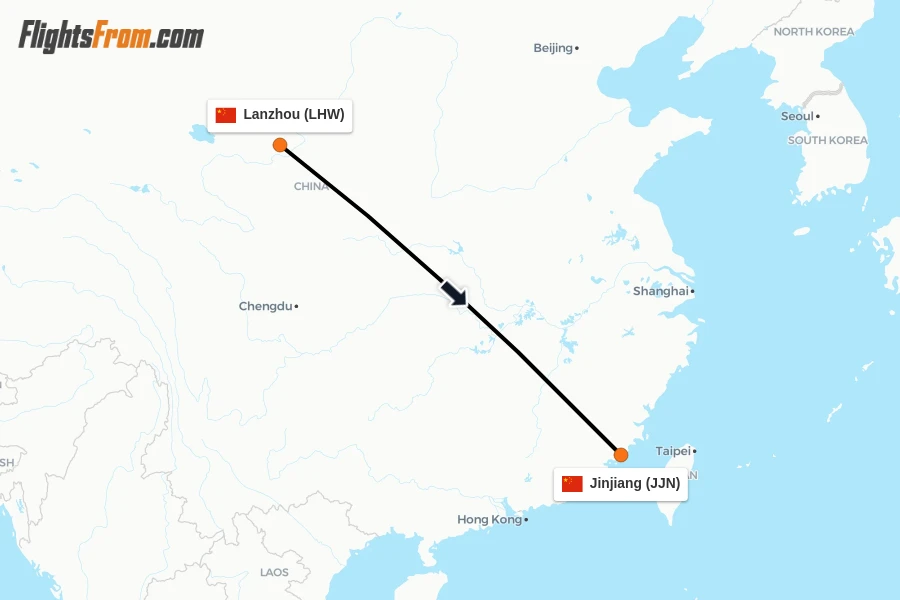 Flights from Lanzhou to Jinjiang route map