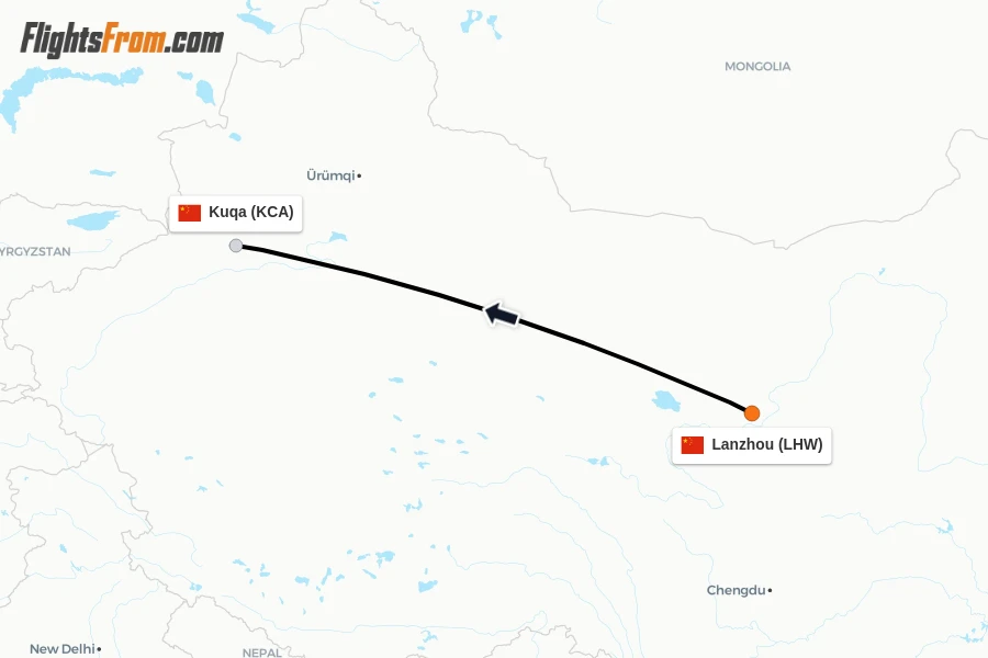 Flights from Lanzhou to Kuqa route map