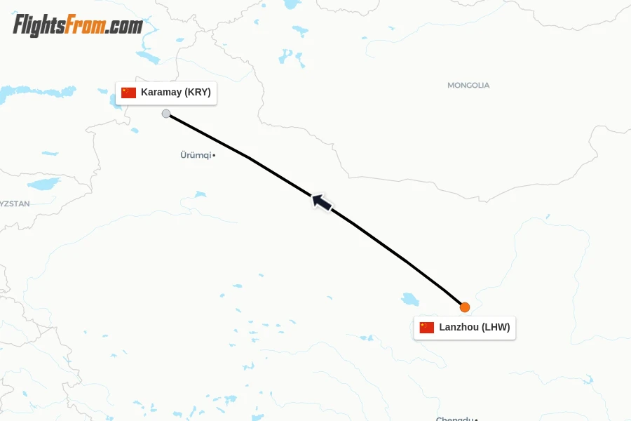 Flights from Lanzhou to Karamay route map