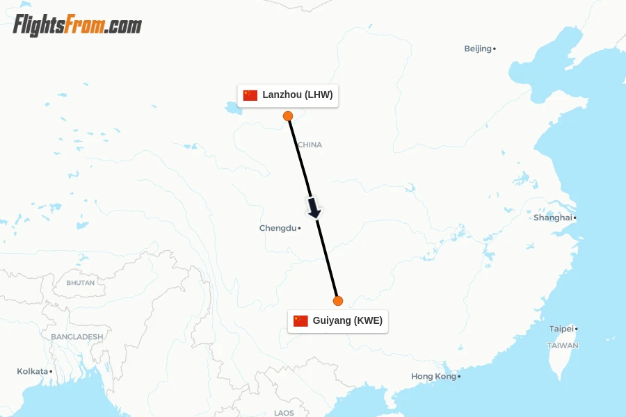 Flights from Lanzhou to Guiyang route map