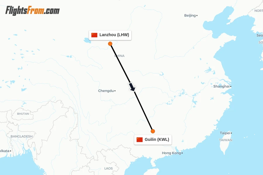 Flights from Lanzhou to Guilin route map