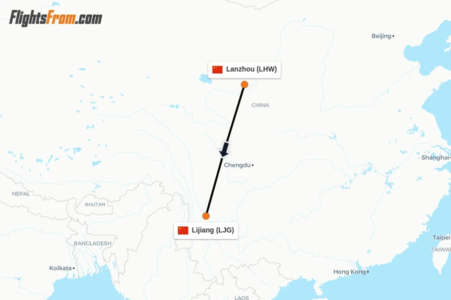 Flights from Lanzhou to Lijiang route map