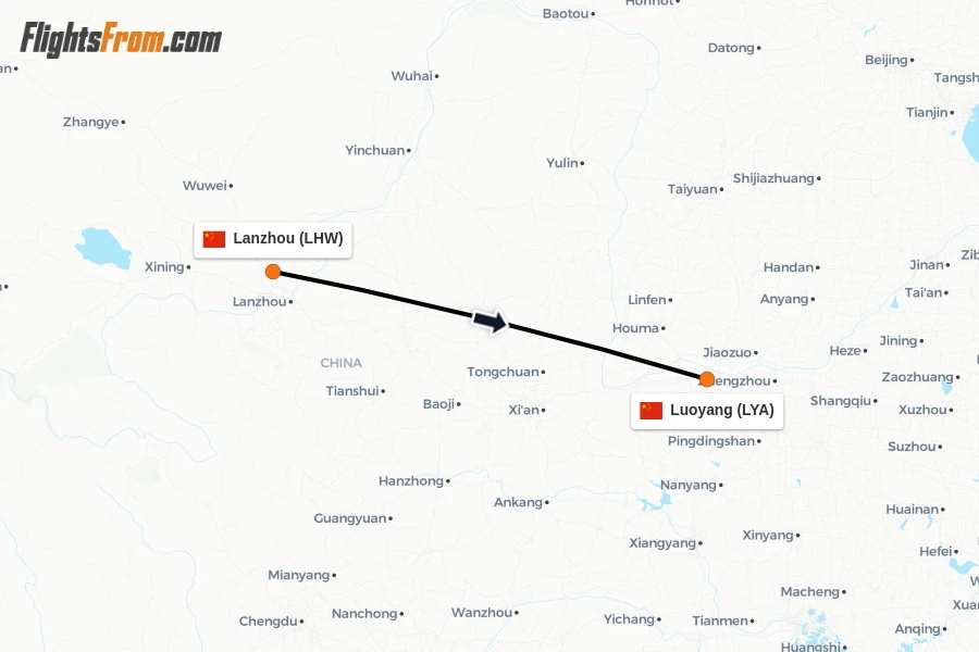 Flights from Lanzhou to Luoyang route map