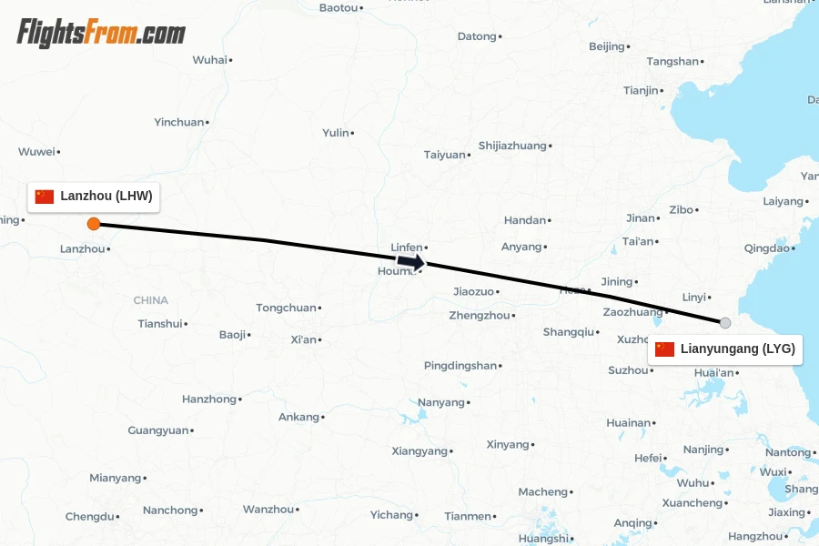 Flights from Lanzhou to Lianyungang route map