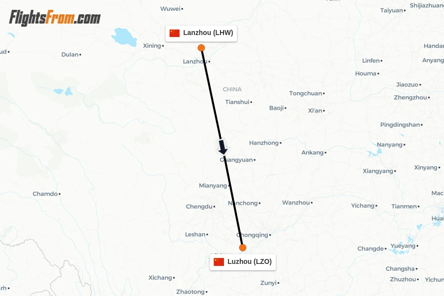 Flights from Lanzhou to Luzhou route map