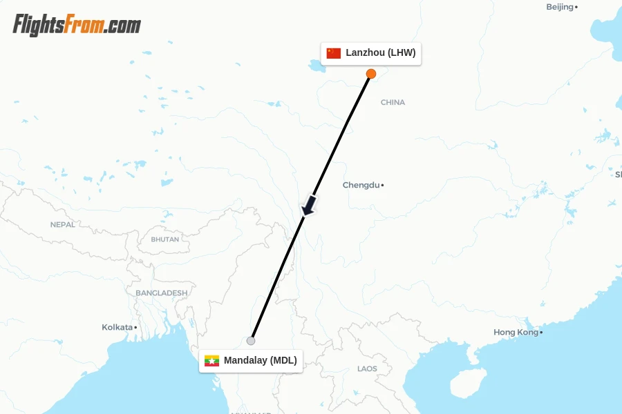 Flights from Lanzhou to Mandalay route map