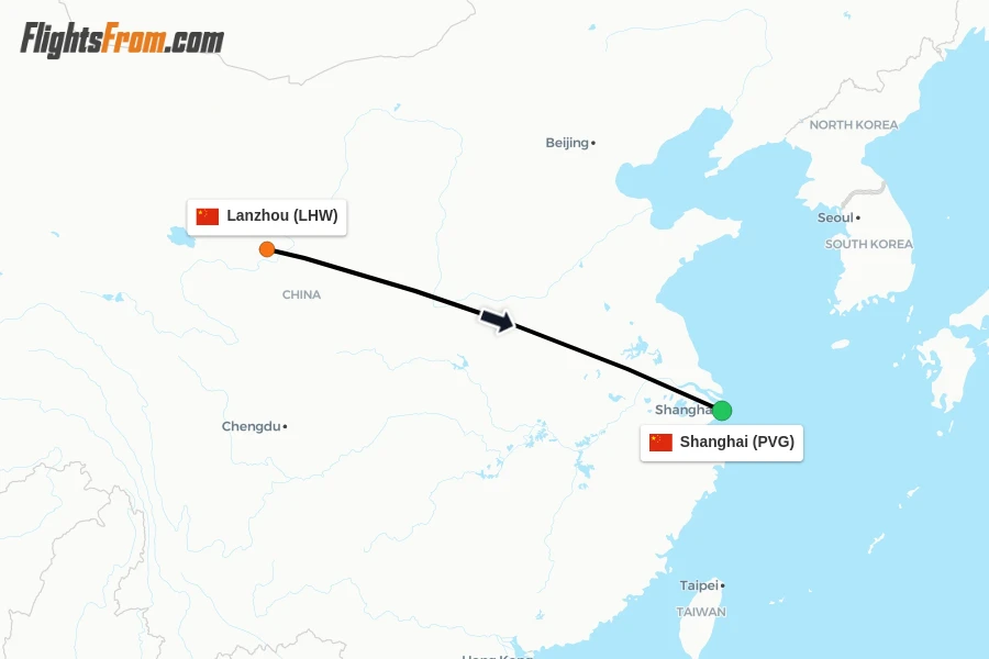 Flights from Lanzhou to Shanghai route map