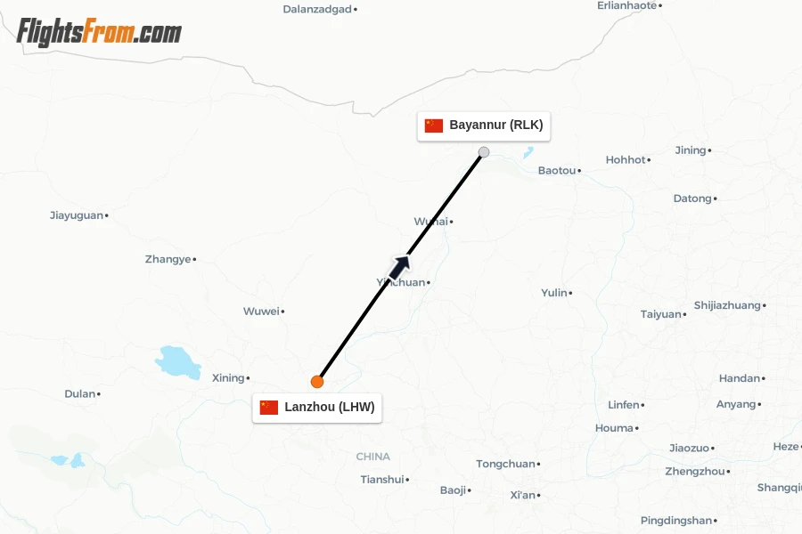 Flights from Lanzhou to Bayannur route map