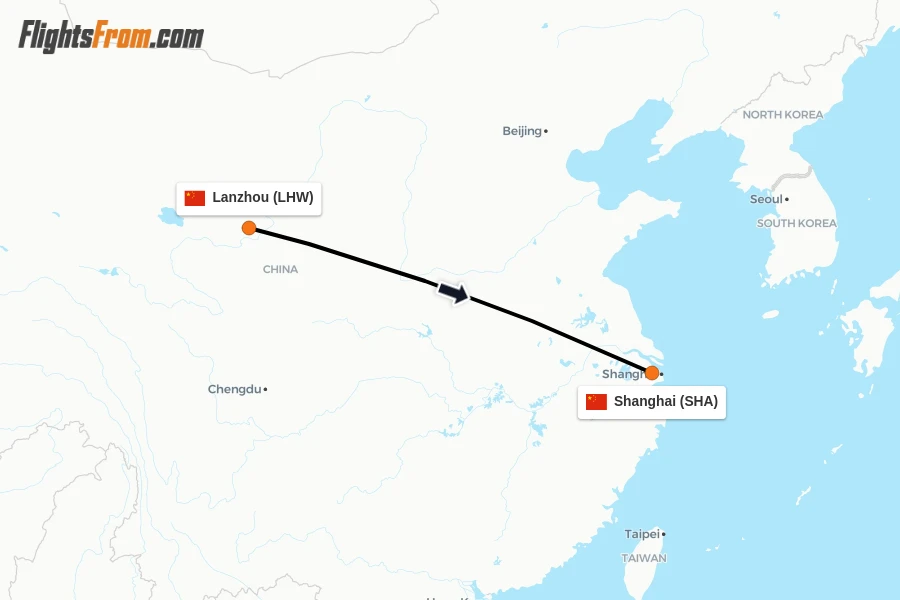 Flights from Lanzhou to Shanghai route map