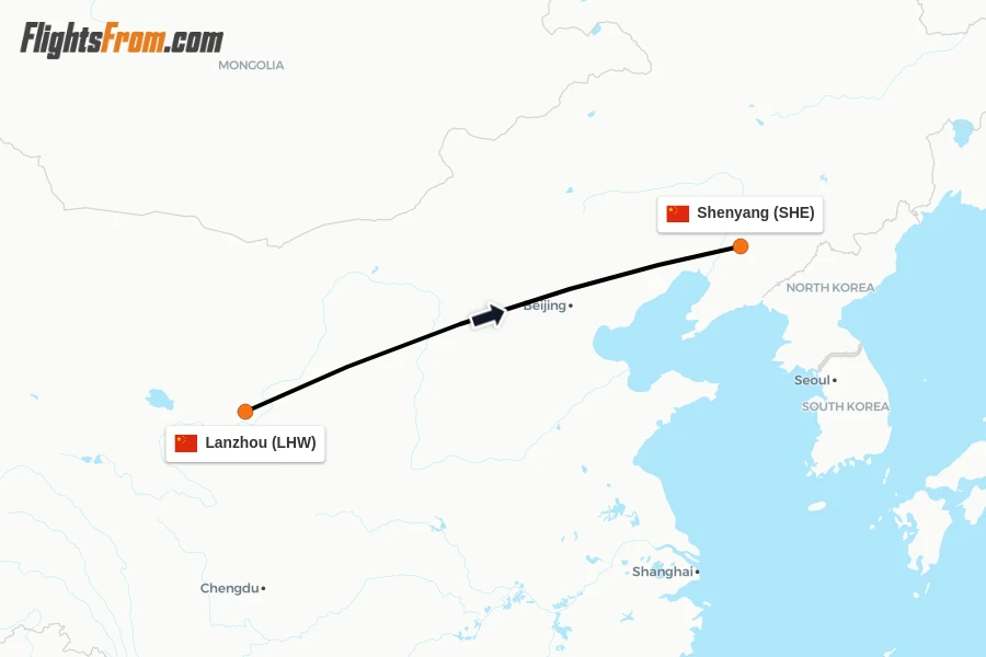 Flights from Lanzhou to Shenyang route map
