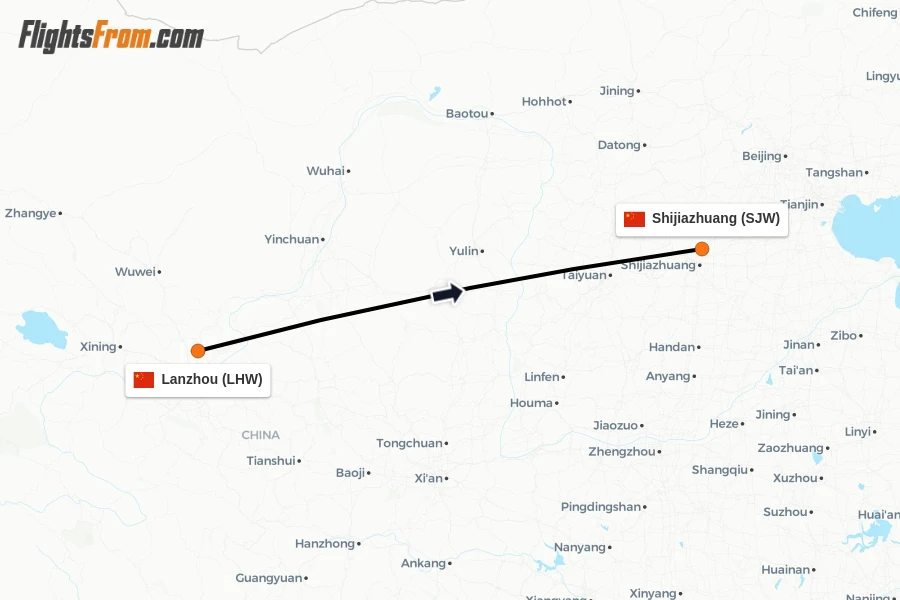 Flights from Lanzhou to Shijiazhuang route map