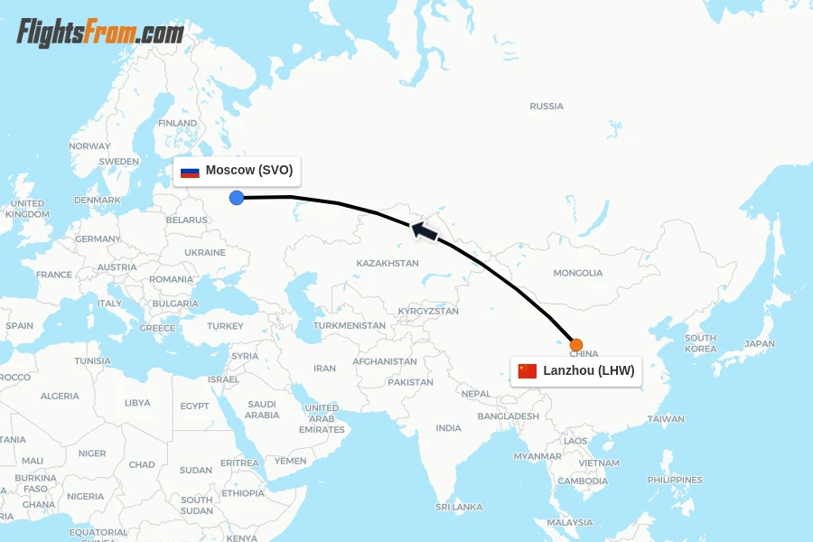 Flights from Lanzhou to Moscow route map