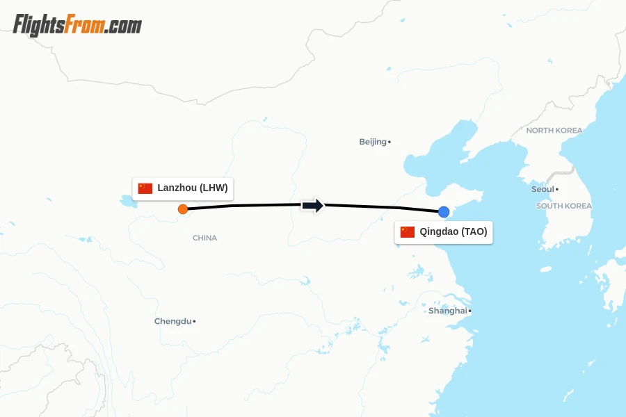 Flights from Lanzhou to Qingdao route map