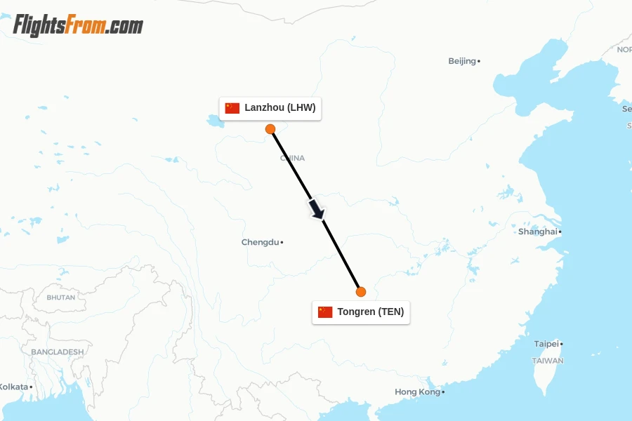 Flights from Lanzhou to Tongren route map