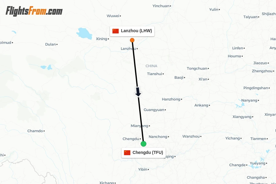 Flights from Lanzhou to Chengdu route map