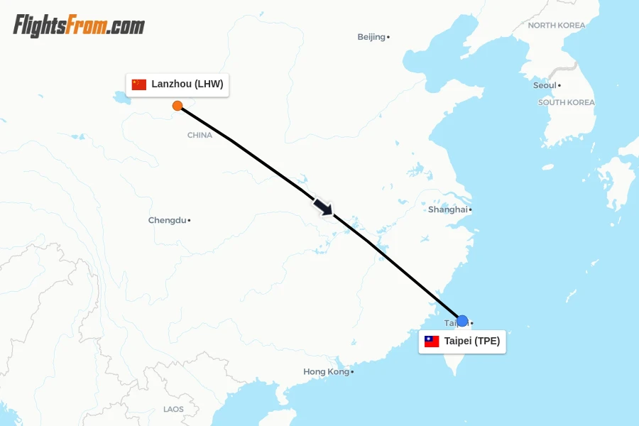Flights from Lanzhou to Taipei route map
