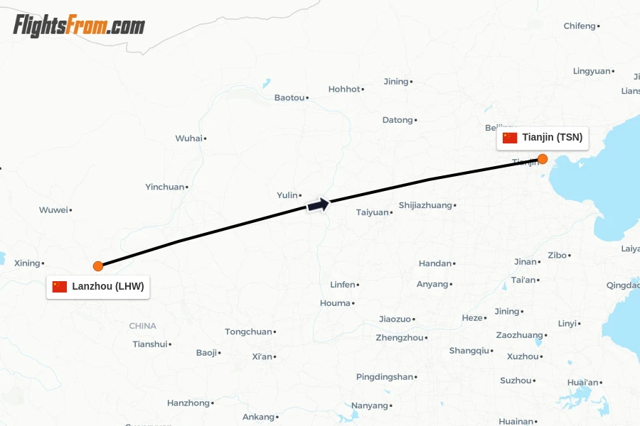 Flights from Lanzhou to Tianjin route map