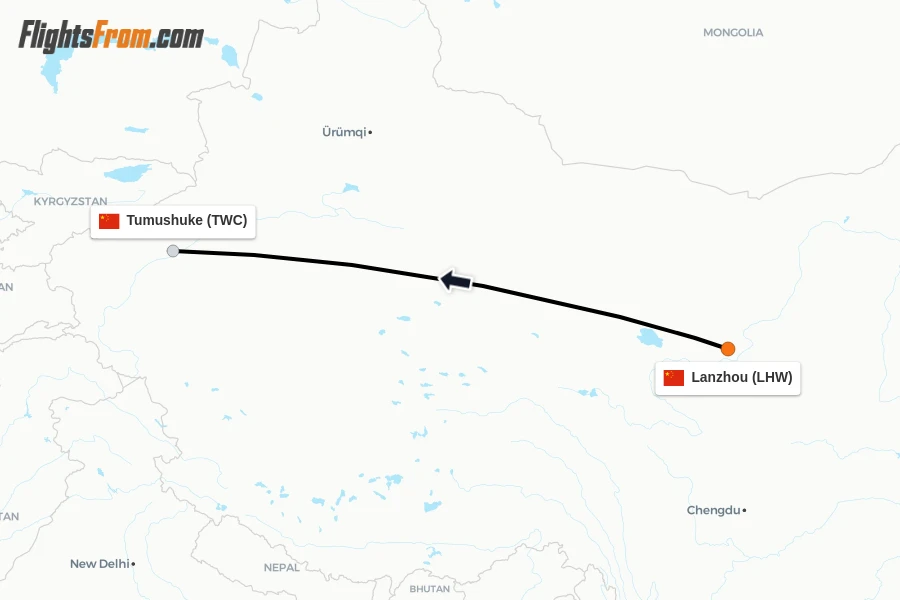 Flights from Lanzhou to Tumushuke route map