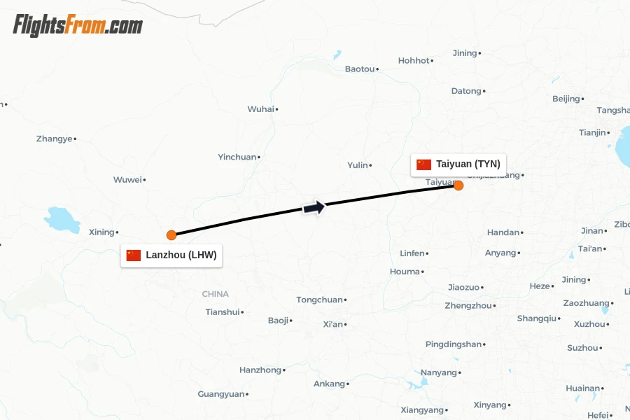 Flights from Lanzhou to Taiyuan route map