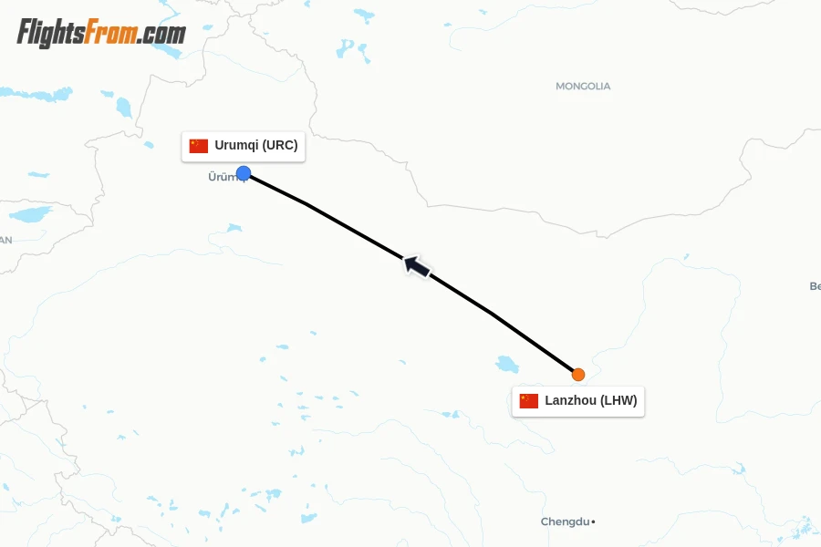Flights from Lanzhou to Urumqi route map