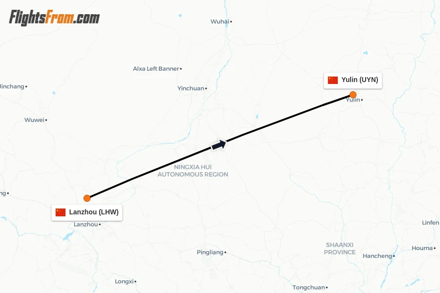 Flights from Lanzhou to Yulin route map