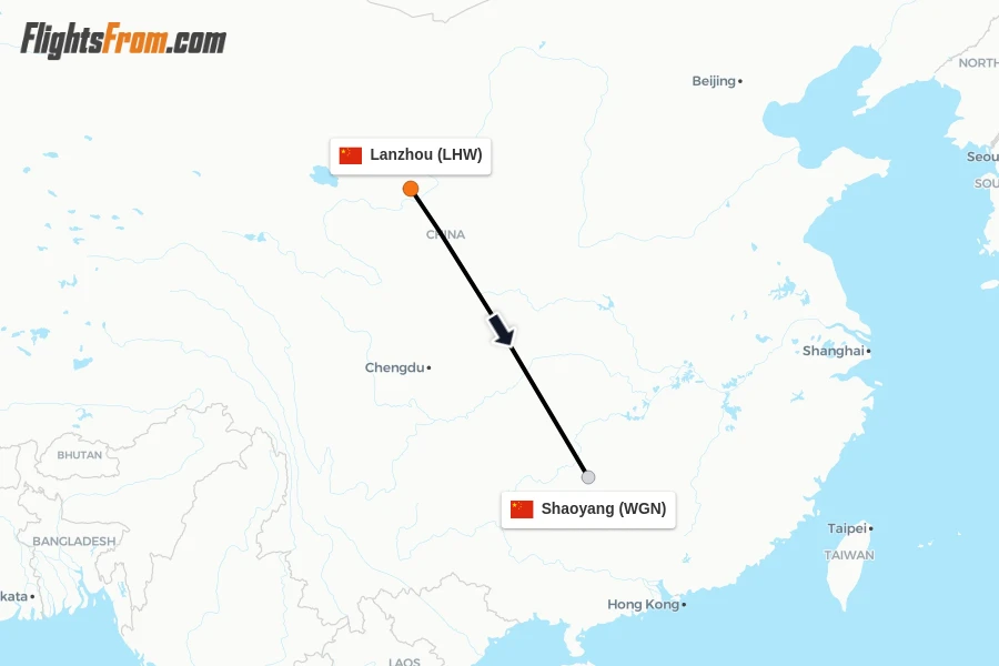 Flights from Lanzhou to Shaoyang route map