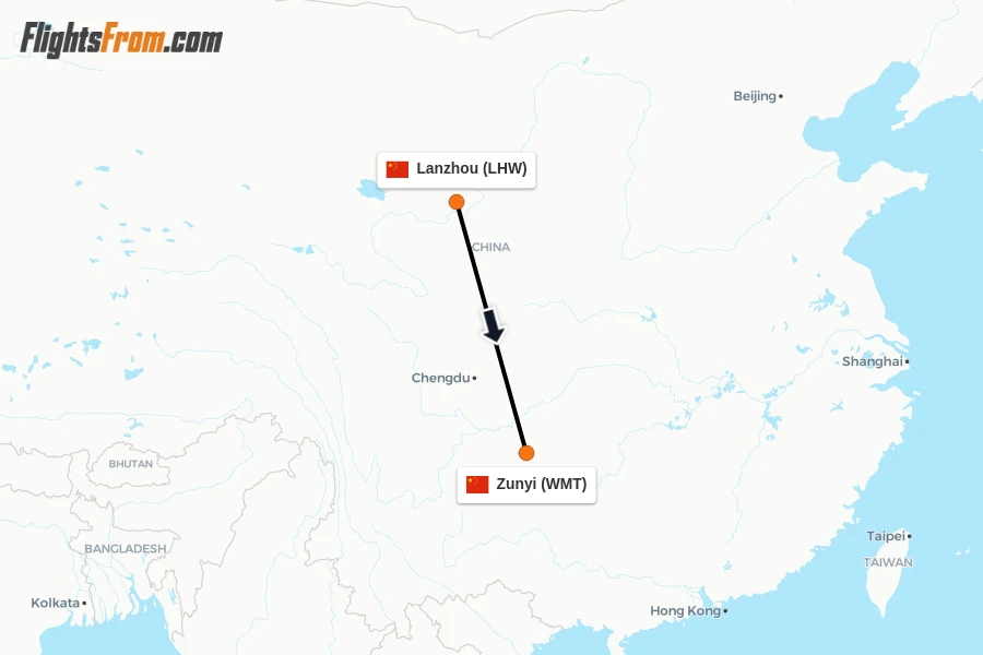 Flights from Lanzhou to Zunyi route map