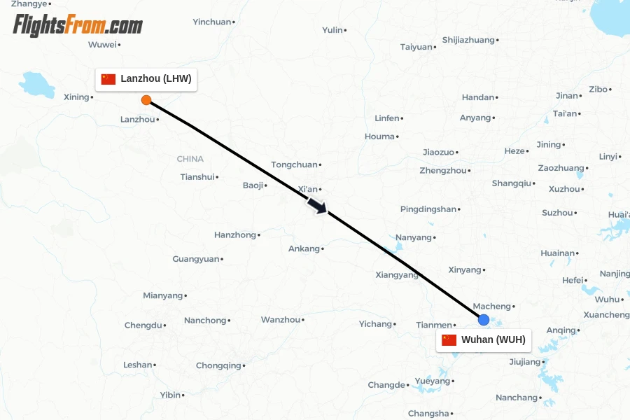 Flights from Lanzhou to Wuhan route map