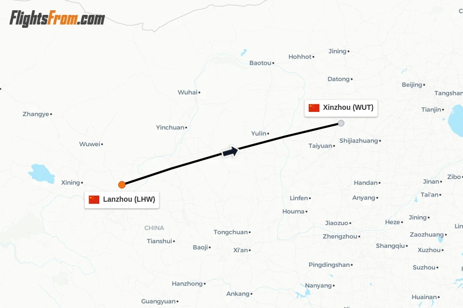 Flights from Lanzhou to Xinzhou route map