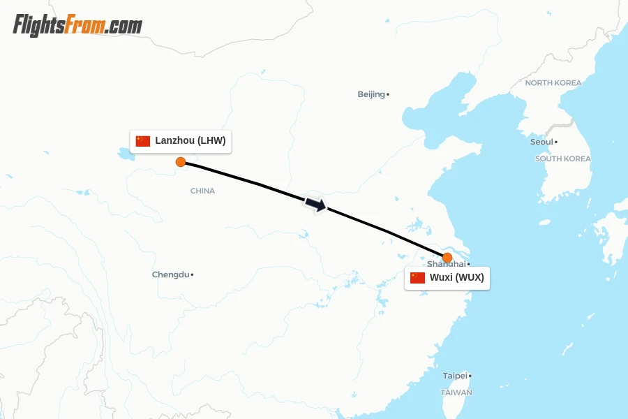 Flights from Lanzhou to Wuxi route map