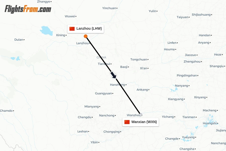 Flights from Lanzhou to Wanxian route map