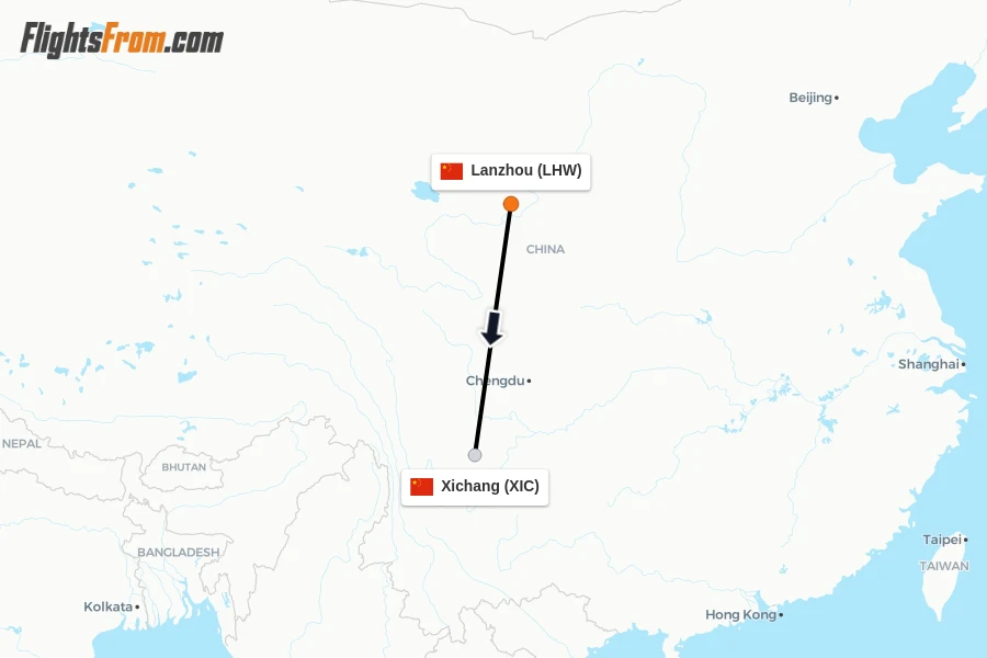 Flights from Lanzhou to Xichang route map