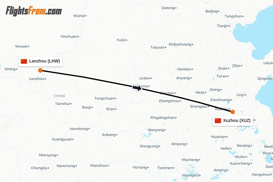 Flights from Lanzhou to Xuzhou route map