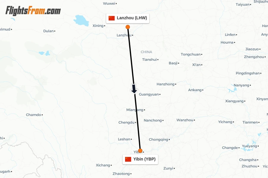 Flights from Lanzhou to Yibin route map