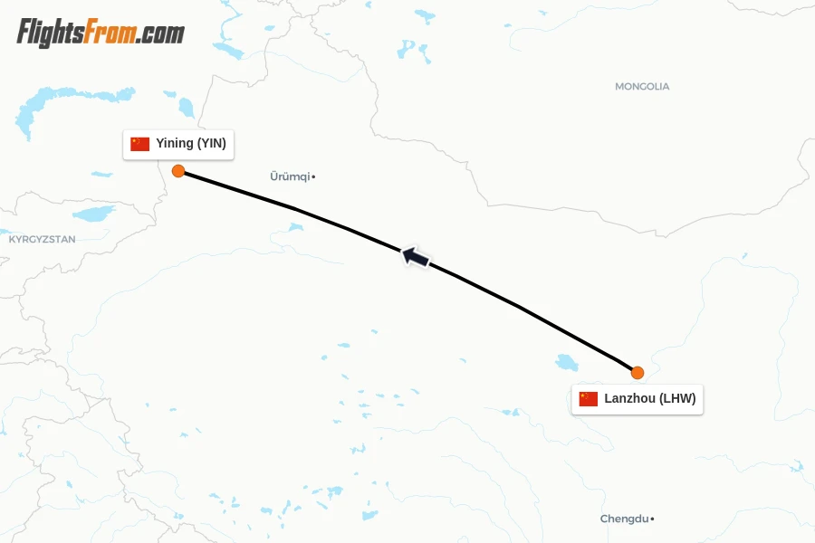 Flights from Lanzhou to Yining route map