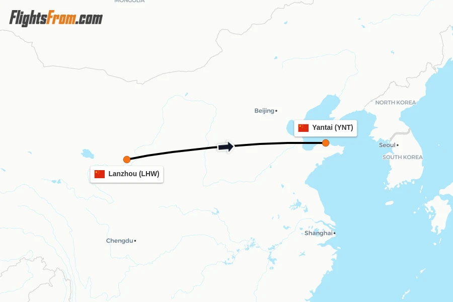 Flights from Lanzhou to Yantai route map