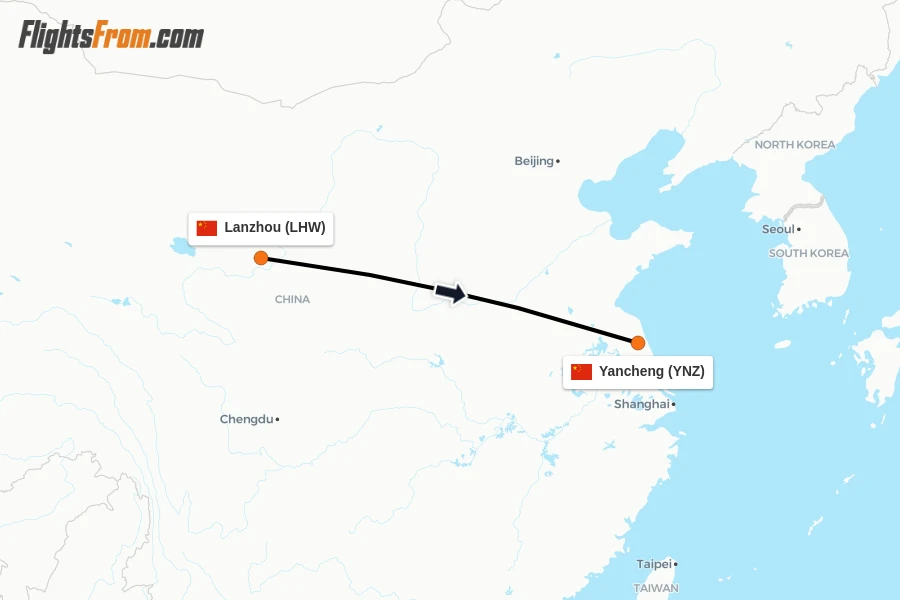 Flights from Lanzhou to Yancheng route map
