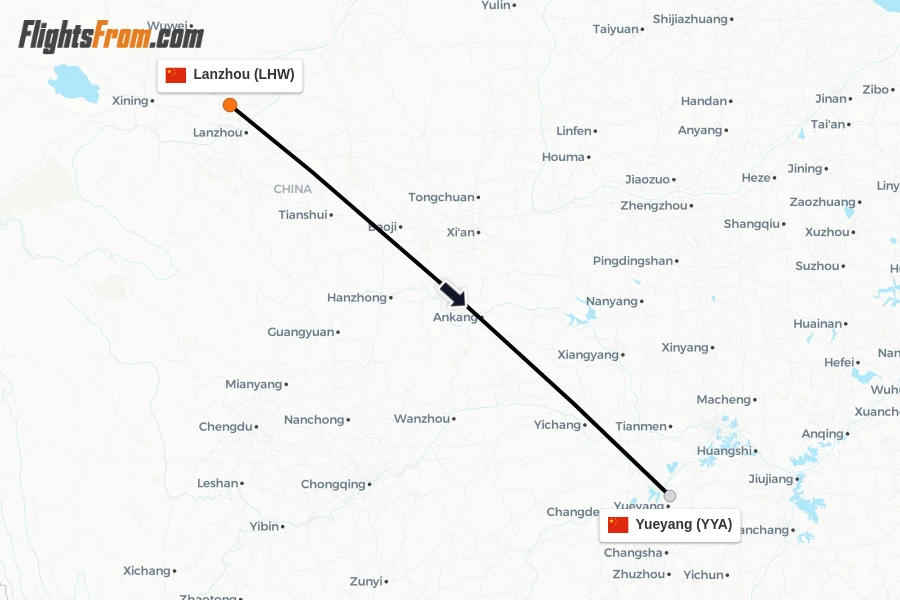 Flights from Lanzhou to Yueyang route map