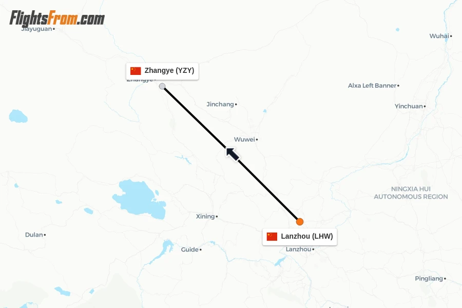 Flights from Lanzhou to Zhangye route map