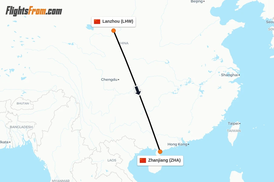Flights from Lanzhou to Zhanjiang route map