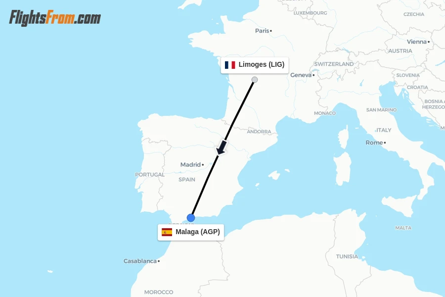 Flights from Limoges to Malaga route map