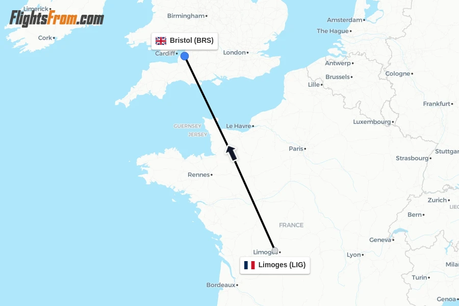 Flights from Limoges to Bristol route map