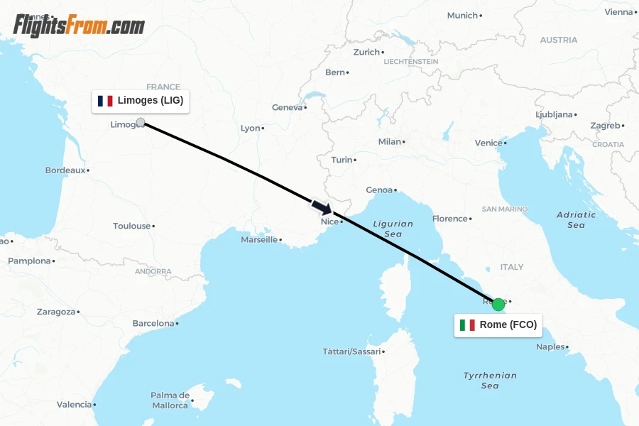 Flights from Limoges to Rome route map