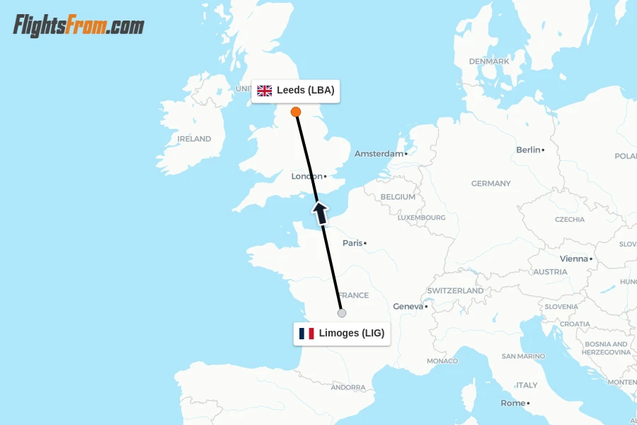 Flights from Limoges to Leeds route map