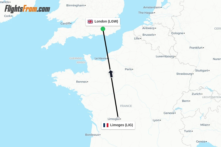Flights from Limoges to London route map