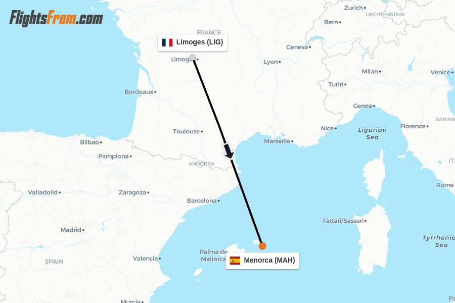 Flights from Limoges to Menorca route map