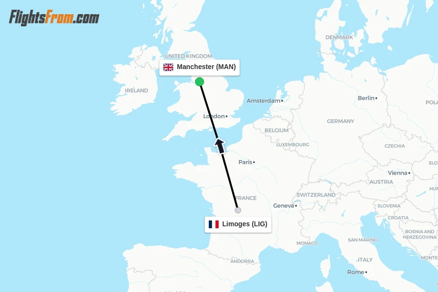Flights from Limoges to Manchester route map